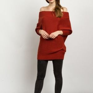 Rose pink off shoulder, long sleeve sweater